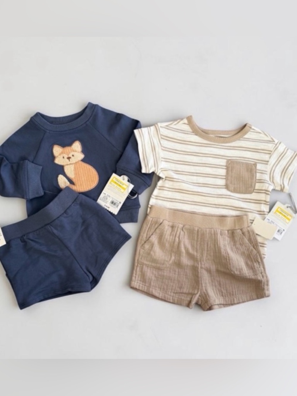 Cat & Jack Navy Blue Fox Sweater Set and Tan Striped Tee & Shorts Set